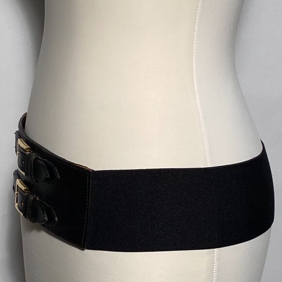 1980s Thick Black Leather Belt Snap Back Elastic Closure - Picture 2 of 3